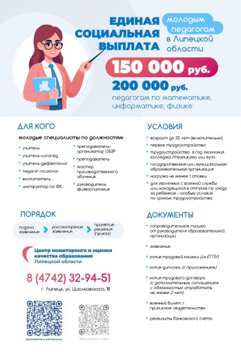 Подъемные для молодых педагогов в Липецкой области Подъемные для молодых педагогов в Липецкой области.